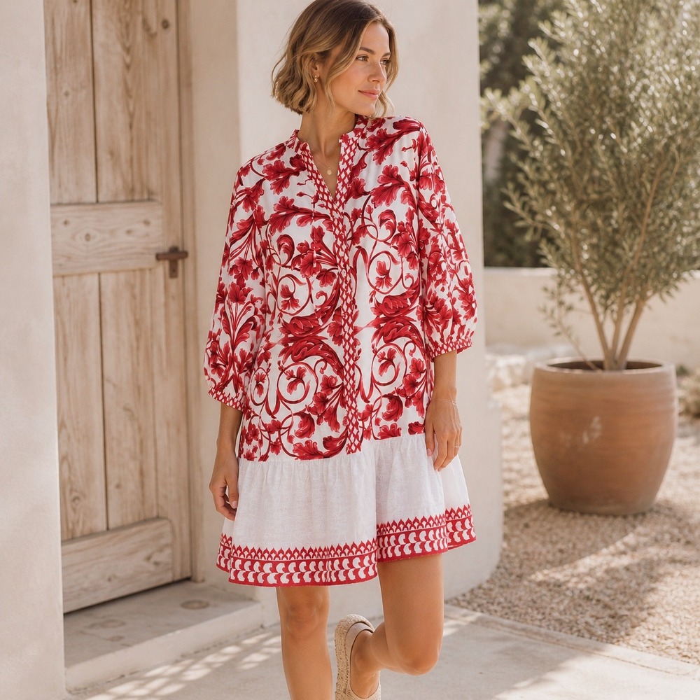 Lina‎ Tomei Dress Red White Floral Cotton Drop Waist Ruffle Boho Medium
